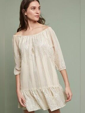 ANTHROPOLOGIE Carolina K Beaded Sands XL  Off-Shoulder Cream Women’s SWING Dress